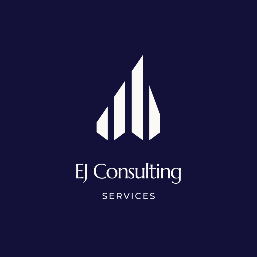 EJ Consulting Services lockup, vertical, white on navy