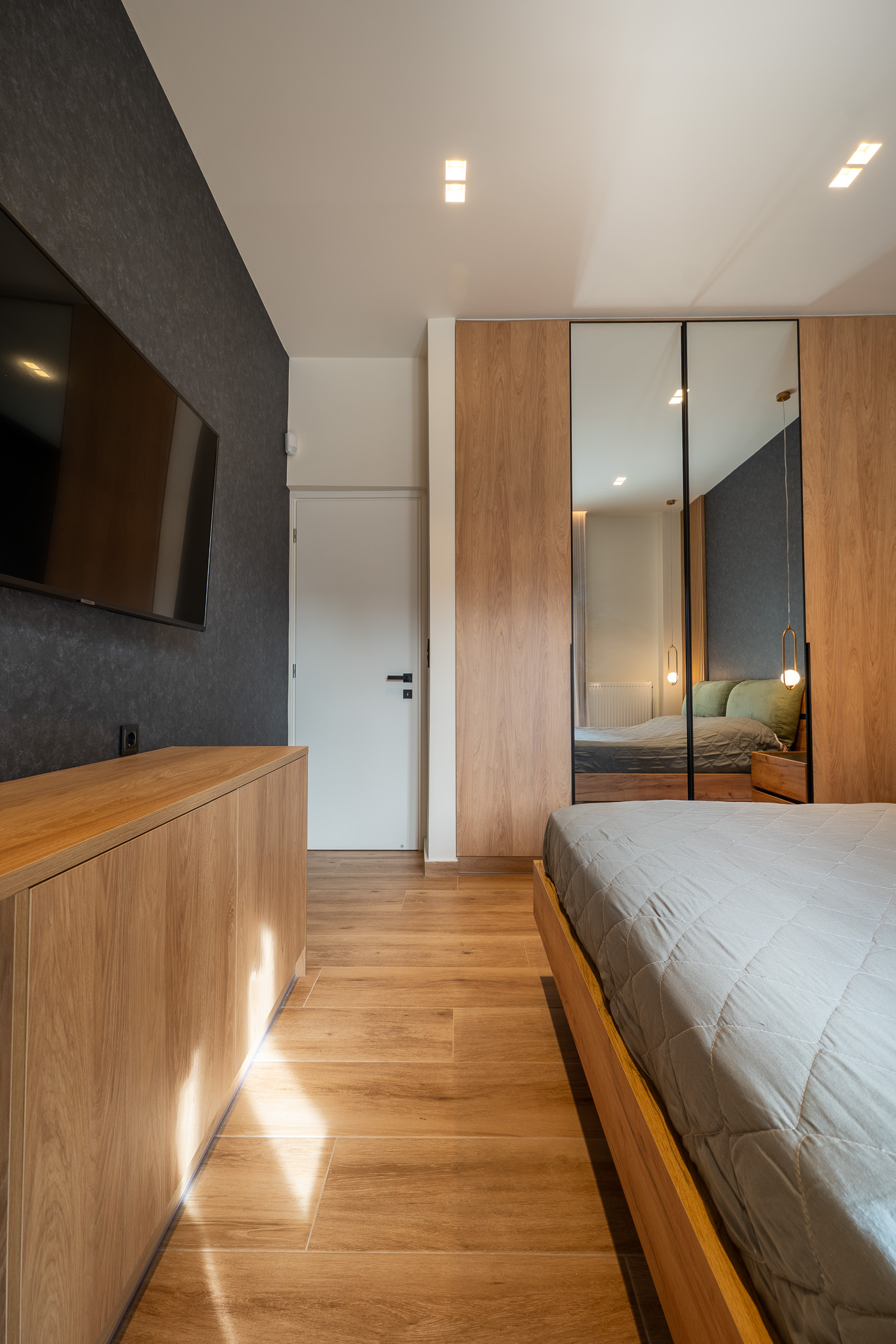 A&K Chorothetisis, bedroom corridor view with oak wardrobe and floating bed