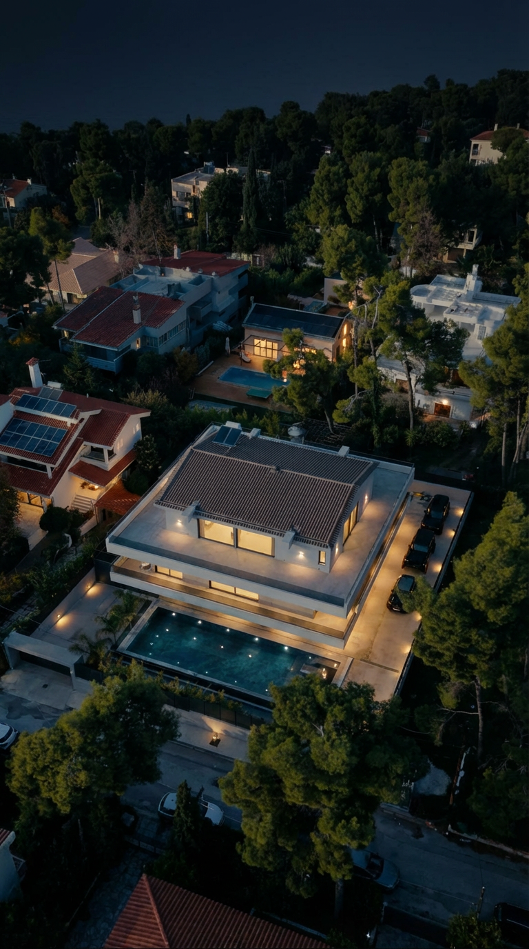 Villa Bond, vertical night render of the residence
